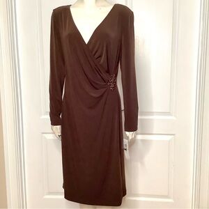Muse Brown Beaded Draped V-Neck Long Sleeve Dress Size 12 NWT Fab Cocktail Party